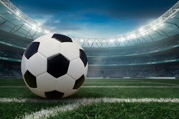 StockImage Soccer ball at stadium ready for match, capturing the anticipation and excitement of sports events