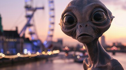Cinematic image of a friendly alien enjoying a scenic river cruise along the Thames in London, with iconic landmarks like the London Eye softly blurred in the background 03 - obrazy, fototapety, plakaty