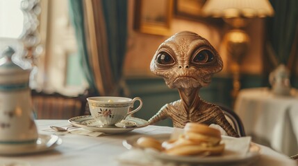 Cinematic image of a friendly extraterrestrial enjoying a peaceful afternoon tea at a traditional tearoom in London - obrazy, fototapety, plakaty
