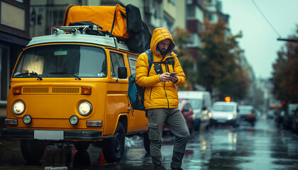 Man in yellow jacket stands next yellow camper van on rainy urban street, checking his phone. Image depicts traveler navigating through city in inclement weather. Tarvel in campers, navigation concept
