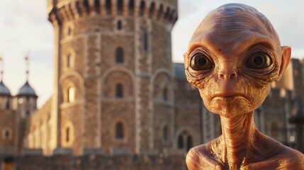 Cinematic scene featuring a friendly extraterrestrial exploring the historical exhibits at the Tower of London - obrazy, fototapety, plakaty