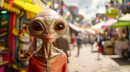 Cinematic scene featuring a cheerful alien strolling through the vibrant streets of Camden Market in London, with colorful stalls and eclectic architecture softly blurred in the background
