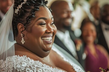 Close-up shot of the obese bride's radiant smile, her eyes brimming with tears of joy as she celebrates with loved ones 04 - Powered by Adobe