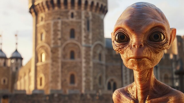 Cinematic scene featuring a friendly extraterrestrial exploring the historical exhibits at the Tower of London