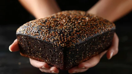 Fotobehang   A close-up of hands, one holding a loaf of bread topped with sesame seeds © Anna