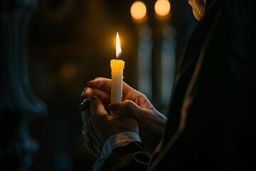 Close-up shot of a nun's hands holding a lit candle, the flickering flame casting shadows on the walls of the convent chapel 03