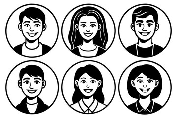 Flat vector illustration set of smiling human circle portraits, representing both female and male in