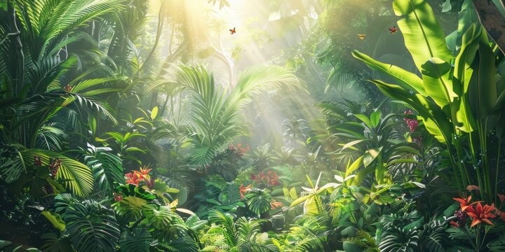 Summer Jungle Banner Full of Lush Plants, Flowers and Butterflies With Bright Sunlight Filtering Through Thick Green Leaves