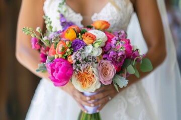 Close-up of the bride's stunning bridal bouquet, showcasing an array of vibrant blooms in various hues 03