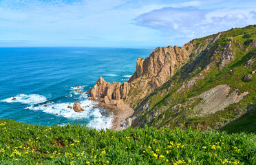 land and seascape at the rocky coastline of the Atlantic Ocean near Porto Covo near Sines, Portugal, Europe - 785548791