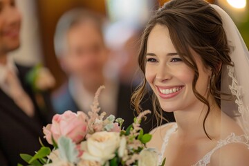 Close-up of a young brunette bride's radiant smile as she walks down the aisle, her eyes shimmering...