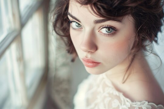 Close-up of a young woman in a vintage-style wedding photo, her gaze filled with timeless elegance and romantic charm 04
