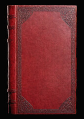 The dark red leather cover of a serious antique book, slightly worn, with a nice frame decoration, over a black background (visible 3D border and spine).
