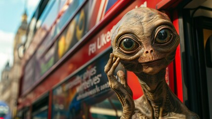 Cinematic photo of an amiable alien riding a double-decker bus through the bustling streets of London, with famous landmarks and colorful advertisements softly blurred in the background 03 - obrazy, fototapety, plakaty