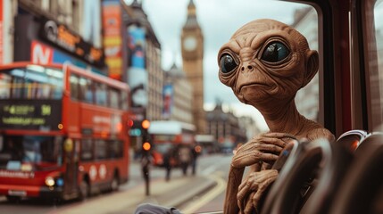 Cinematic photo of an amiable alien riding a double-decker bus through the bustling streets of London, with famous landmarks and colorful advertisements softly blurred in the background 01 - obrazy, fototapety, plakaty