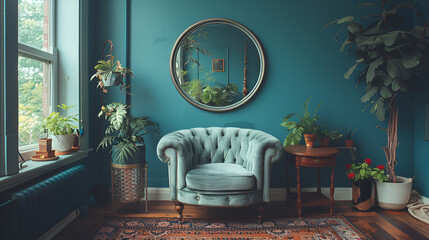 Deep Dark Living Room with Navy Blue Empty Paint,
Blue armchair against blue wall in living room interior Elegant interior design with copy space