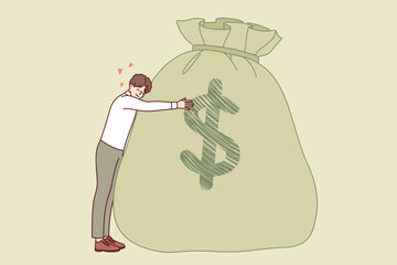 Rich man rejoices at having large savings thanks to hard work, hugging bag of money with dollar symbol. Rich guy with reserve capital that allows him to avoid bankruptcy and difficulties in life - 785549170