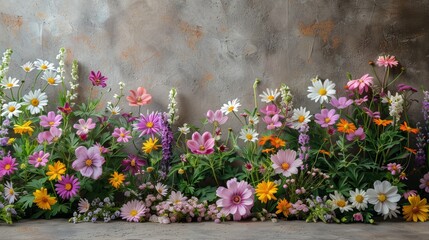   A collection of blooms situated in a flower bed, backed by a concrete wall - obrazy, fototapety, plakaty