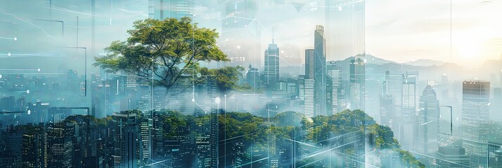 Panoramic double exposure banner of city skyline overlayed with green vegetation
