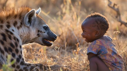 A baby laughing face to face with a hyena on the savannah 01