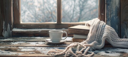 Cozy winter holiday ambiance with a tea or coffee cup placed on a table near the window