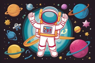 Vibrant astronaut in space surrounded by cosmic wonders, offering ample copy space for text