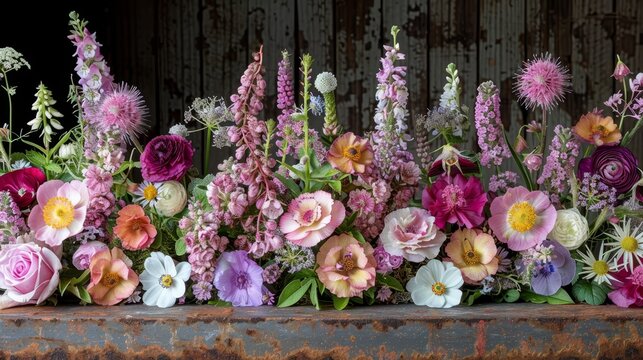   A tight shot of an array of flowers in a vase on a table against a backdrop of a weathered, rust-colored wall