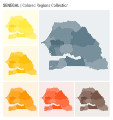 Senegal map collection. Country shape with colored regions. Blue Grey, Yellow, Amber, Orange, Deep Orange, Brown color palettes. Border of Senegal with provinces for your infographic.