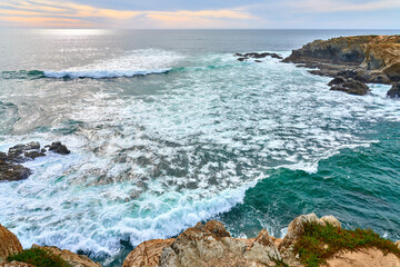 land and seascape at the rocky coastline of the Atlantic Ocean near Porto Covo near Sines, Portugal, Europe - 785549749
