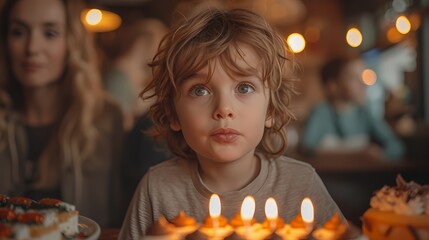 A young boy blowing out candles on a birthday cake surrounded by friends and family - obrazy, fototapety, plakaty