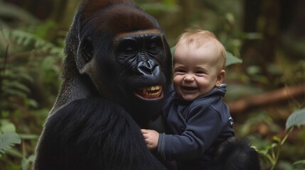A smiling human baby in the arms of a gorilla in the jungle 05
