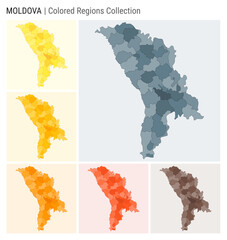 Moldova map collection. Country shape with colored regions. Blue Grey, Yellow, Amber, Orange, Deep Orange, Brown color palettes. Border of Moldova with provinces for your infographic.