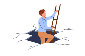 Business man escape from difficult situation, showing courage and climbing stairs from abyss. Guy found escape from problem by making effort to independently achieve goal or reach new level
