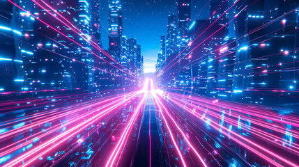 Obraz premium Futuristic Cityscape with Neon Lights and Speed Motion Blur
