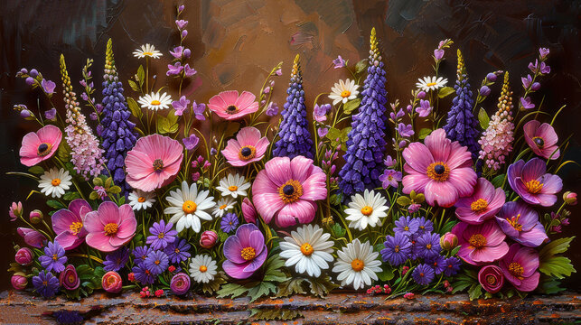  A painting of purple, white, and pink flowers before a purple and white flower arrangement against a brown backdrop