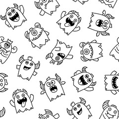 Cute kawaii monster. Seamless pattern. Coloring Page. Cartoon scary funny Halloween character. Hand drawn style. Vector drawing. Design ornaments.