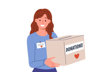 Woman volunteer holds donations box to collect money for people who have lost jobs or become homeless. Volunteer girl looks at screen with smile, offering to donate savings to new charity foundation.