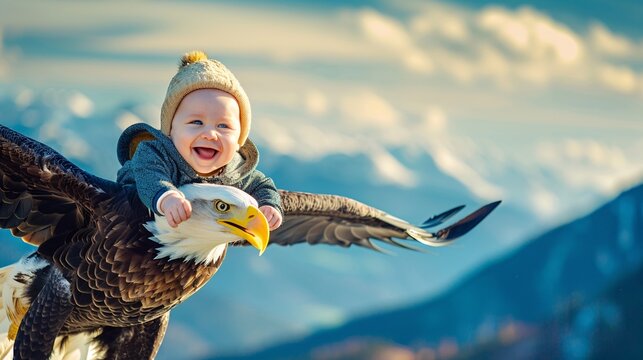 A smiling baby on the back of an eagle flying over a mountain 03