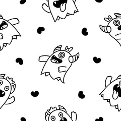Cute kawaii monster. Seamless pattern. Coloring Page. Cartoon scary funny Halloween character. Hand drawn style. Vector drawing. Design ornaments.