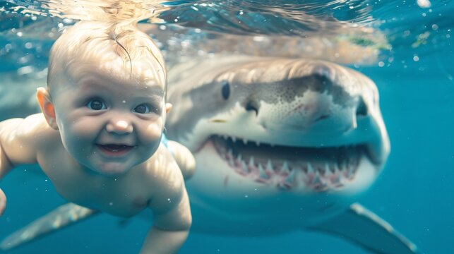 A smiling baby on a shark's back 02