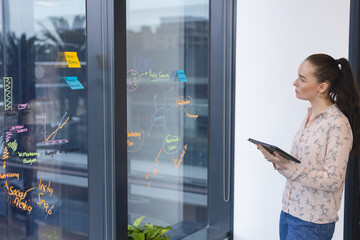Caucasian woman holding tablet, looking at glass wall with notes in a modern business office