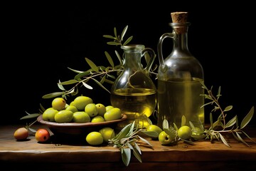 Olive oil and olives on a table