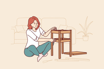 Woman assembles stool with own hands, sitting on floor in apartment and making own home more comfortable. Young girl fixes broken stool using screwdriver, without involving handyman.