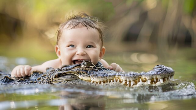 A smiling baby in a crocodile's mouth 02