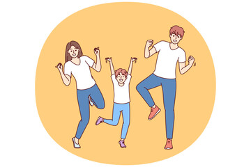 Rejoicing dad, mom and little boy dance and celebrate victory young family competition or winning lottery. Positive family dancing energetically at disco enjoying cheerful atmosphere and good music