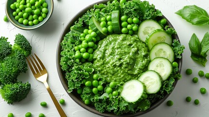   A bowl holding peas, cucumbers, broccoli, and cucumber slices on a pristine white surface