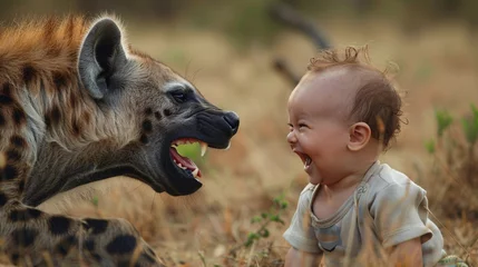 Deurstickers A baby laughing face to face with a hyena on the savannah 03 © Maelgoa