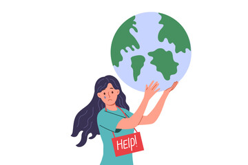Woman eco activist asks to save planet earth and stop environmental pollution that causes carbon footprint. Girl eco volunteer holds large globe and looks at screen with tears in eyes.