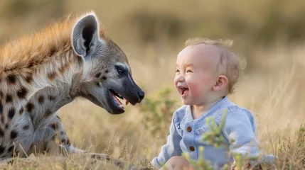 Outdoor kussens A baby laughing face to face with a hyena on the savannah 02 © Maelgoa