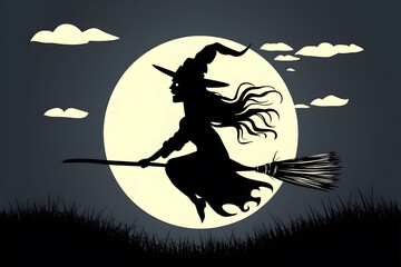 Witch riding broomstick across moonlit sky vector, evoking magical and mystical imagery - obrazy, fototapety, plakaty